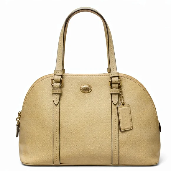 Coach Peyton Saffiano Leather Dome Satchel Cream Gold Champagne Metallic Bag - Picture 1 of 16